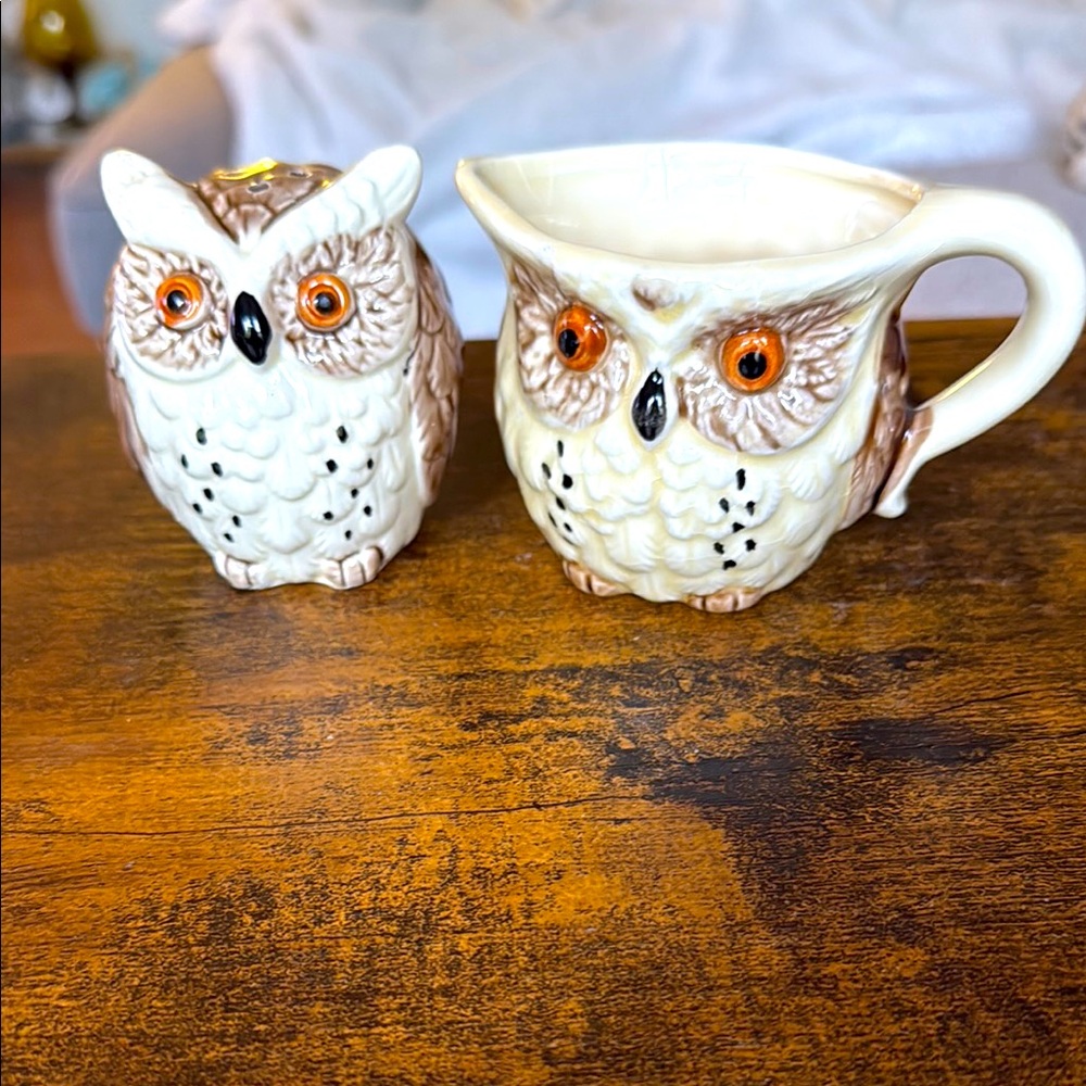 Vintage Japan Owl Ceramic Cream and Sugar Set